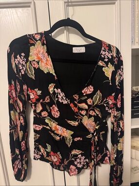 Sage Black Floral Wrap Blouse with Pink & Yellow Blooms